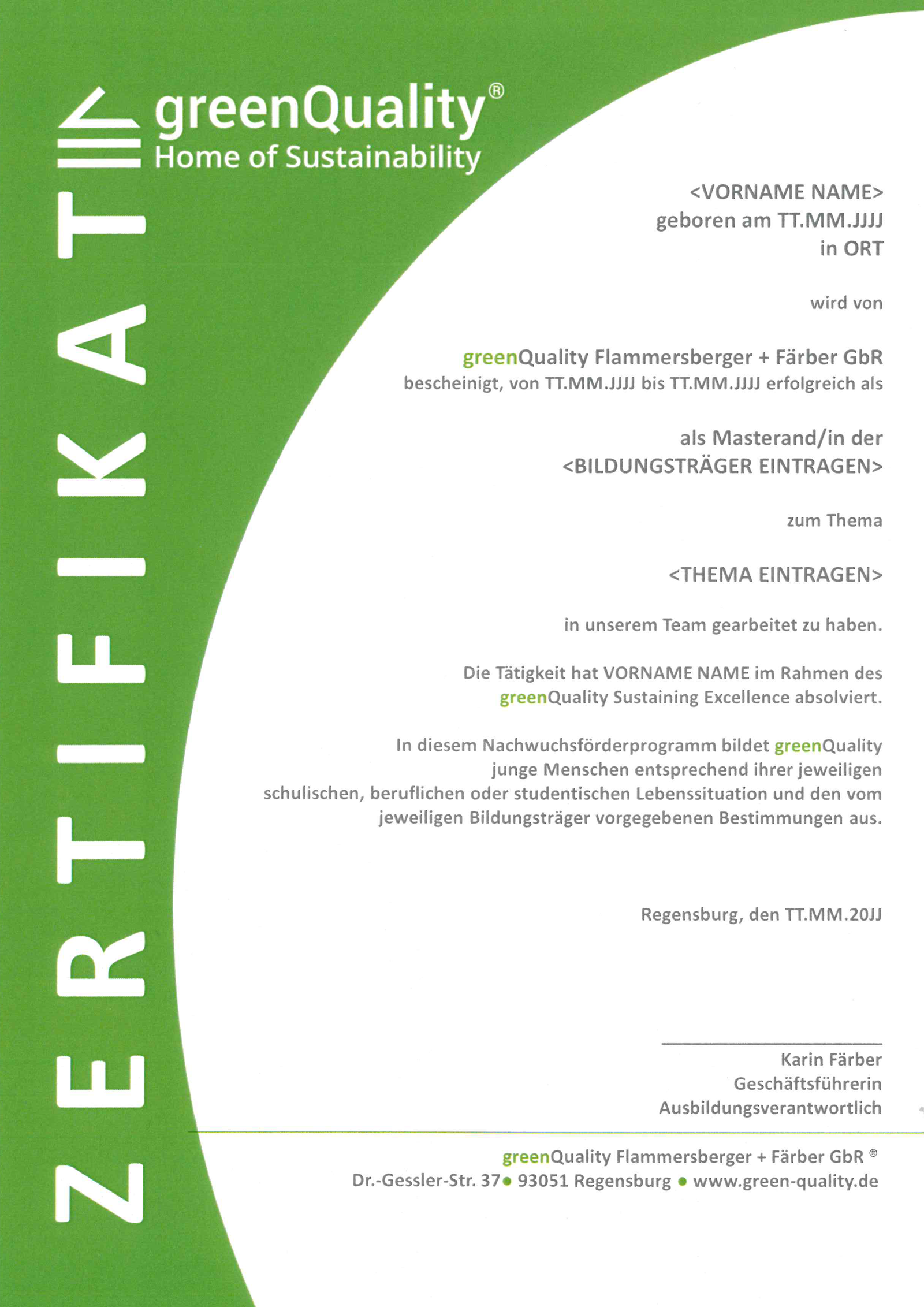 Zertifikat aus unserem Nachwuchskräfteprogramm Sustainable Excellence